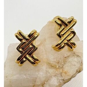 Vintage Avon Gold Tone Cross Hatch Knot Stud Earrings Signed 80s 90s Statement